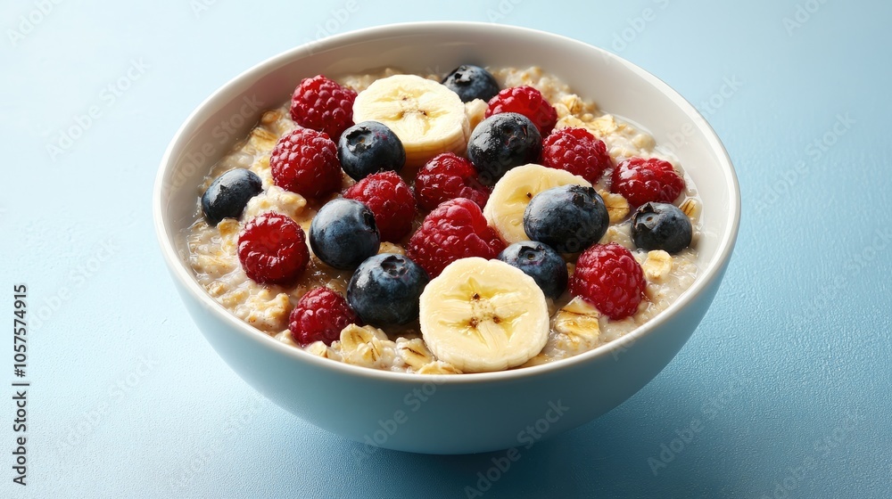 Bowl of oatmeal porridge topped with assorted berries and banana on a blue surface Nutritious and diet friendly breakfast option Bowl of oatmeal porridge topped with assorted berries and banana on a blue surface Nutritious and diet friendly breakfast option