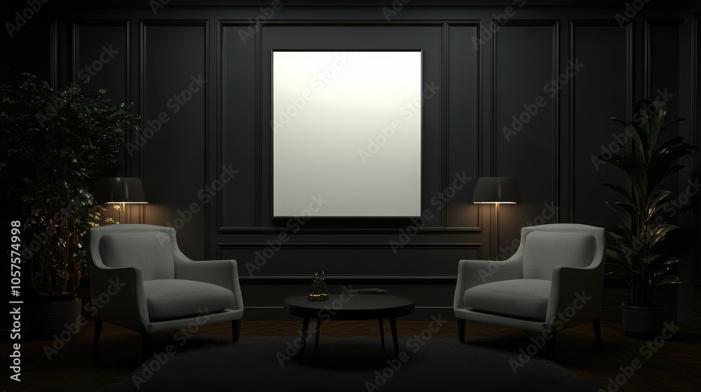 3D render of a sophisticated, dark-hued living room with armchairs, coffee table, and empty poster. Sleek and contemporary style. 3D render of a sophisticated, dark-hued living room with armchairs, coffee table, and empty poster. Sleek and contemporary style.