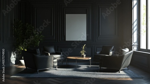 3D render of a sophisticated, dark-hued living room with armchairs, coffee table, and empty poster. Sleek and contemporary style.