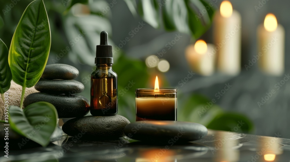 Serene spa environment with candle and essential oil on stones Close-up photo with clean background Serene spa environment with candle and essential oil on stones Close-up photo with clean background