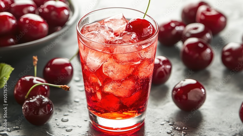Chilled cherry flavored beverage served with ice in a glass Chilled cherry flavored beverage served with ice in a glass