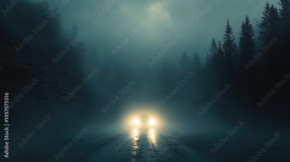 Fototapeta premium Car headlights piercing through dense fog