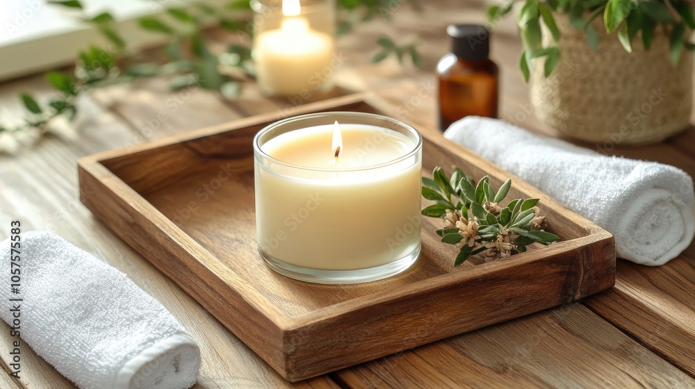 Candle and natural aromatherapy create a relaxing spa atmosphere on a wooden tray emphasizing health skincare and wellness in a luxury treatment setting Candle and natural aromatherapy create a relaxing spa atmosphere on a wooden tray emphasizing health skincare and wellness in a luxury treatment setting