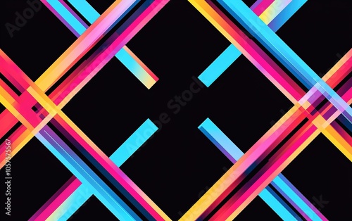 Vibrant geometric pattern of intersecting colored lines against a black background, creating a modern artistic design