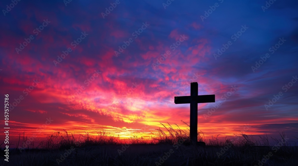 Silhouette of a cross against a dramatic sunset sky Close-up photo with clean background