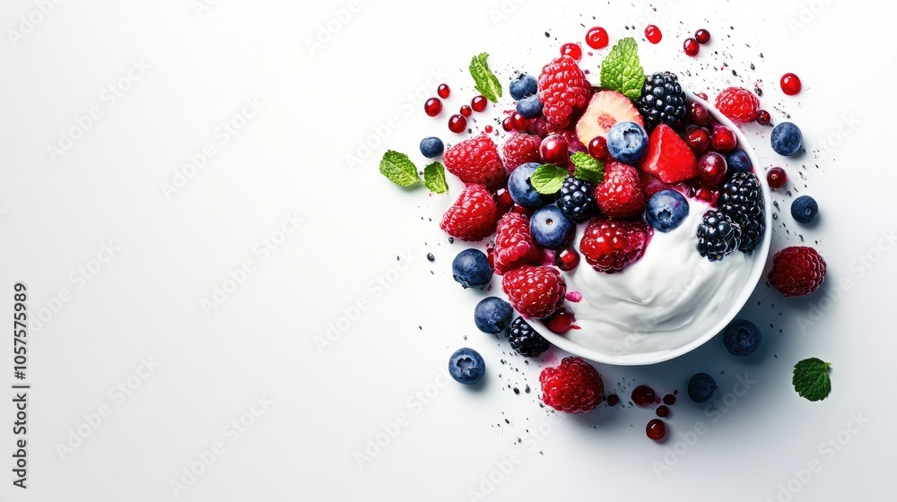 Bowl of yogurt topped with assorted berries viewed from above against a white backdrop Bowl of yogurt topped with assorted berries viewed from above against a white backdrop