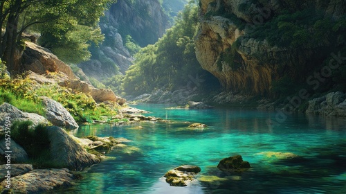 A tranquil river mirrors vibrant greenery and rocky formations showcasing clear turquoise waters that reveal hidden stones creating a peaceful ambiance