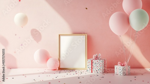 Birthday mockup featuring a frame gift box pastel balloons and confetti arranged on a pink tabletop Flat lay design photo