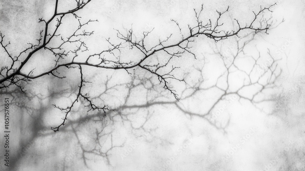 Blurred overlay effect enhances natural light photography Gray shadows of branches on a textured white wall create an abstract neutral background for poster design and presentation Blurred overlay effect enhances natural light photography Gray shadows of branches on a textured white wall create an abstract neutral background for poster design and presentation