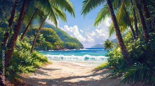 A serene bay embraced by lush greenery showcasing soft waves and dancing palm trees beneath a bright clear sky
