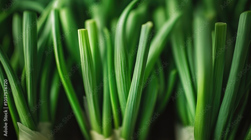 Close up macro view of fresh green spring onions highlighting their vibrant color and texture Close up macro view of fresh green spring onions highlighting their vibrant color and texture