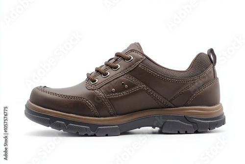 Dark brown leather lace-up running shoes with low tops, thick soles. The laces and black rubber outsole. Sporty look. Men to wear during outdoor activities, hiking. Brown shoes. Trendy Male Boots Pair