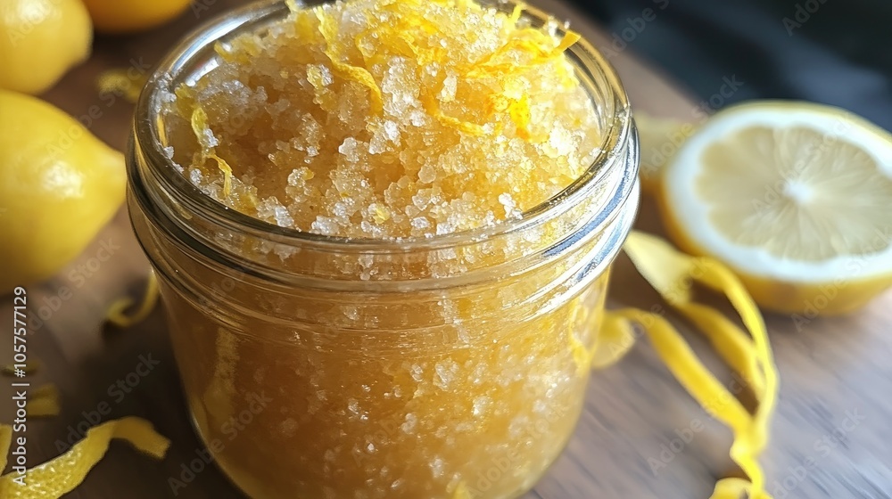 Citrus spa scrub made with sea salt and lemon zest in a glass jar Citrus spa scrub made with sea salt and lemon zest in a glass jar
