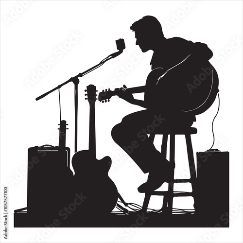 Minimalistic black silhouette of a seated guitarist playing guitar on a white background 