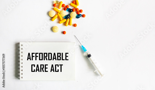 Text message of the Affordable Care Act on a notepad with a syringe and pills on a white background