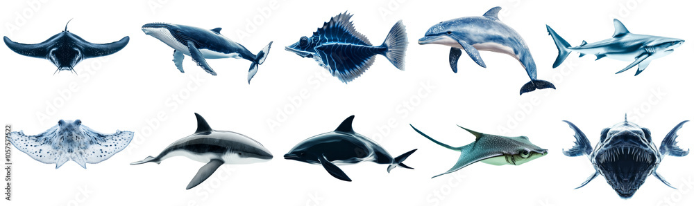 Fototapeta premium Collection of various deep sea marine life with different unique fishes isolated on background.
