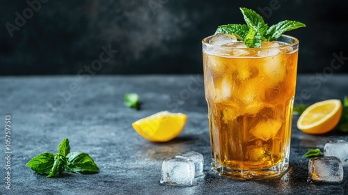 A tall glass of iced tea with ice cubes, showcasing a refreshing beverage with ample copy space