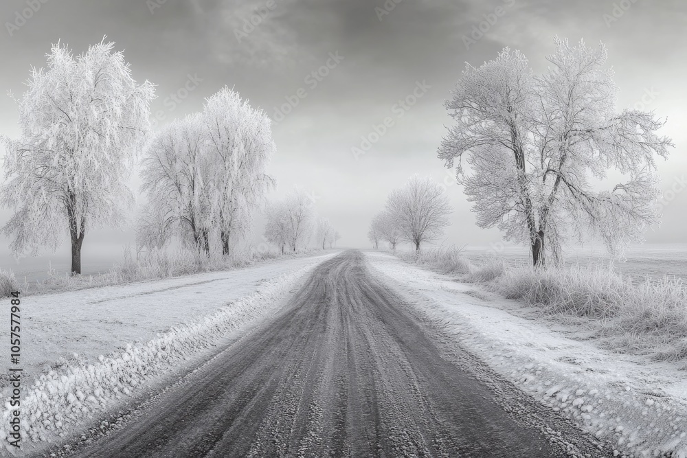 Black and white panorama of icy road with frost covered trees Black and white panorama of icy road with frost covered trees