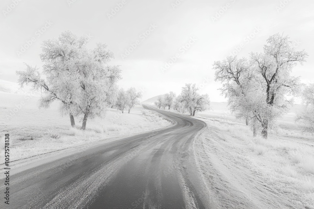 Black and white panorama of icy road with frost covered trees Black and white panorama of icy road with frost covered trees