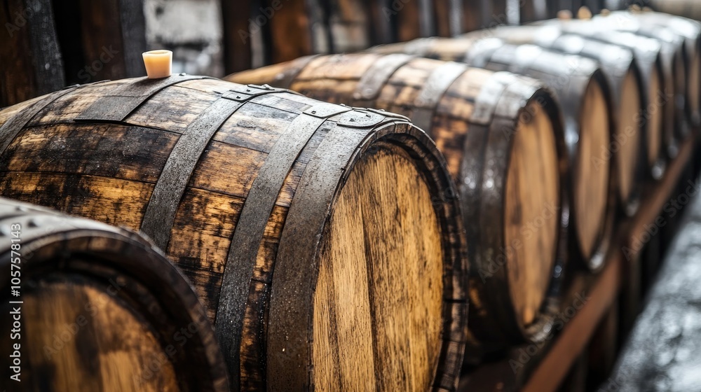 Bourbon barrels aging in a storage environment Bourbon barrels aging in a storage environment