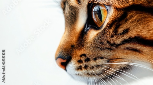 Close up of a Bengal cat s head against a white background photo