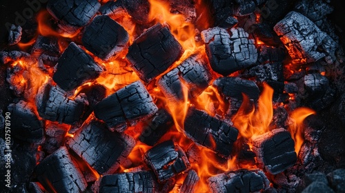 BBQ grill featuring bright flaming charcoal briquettes in a closeup top view