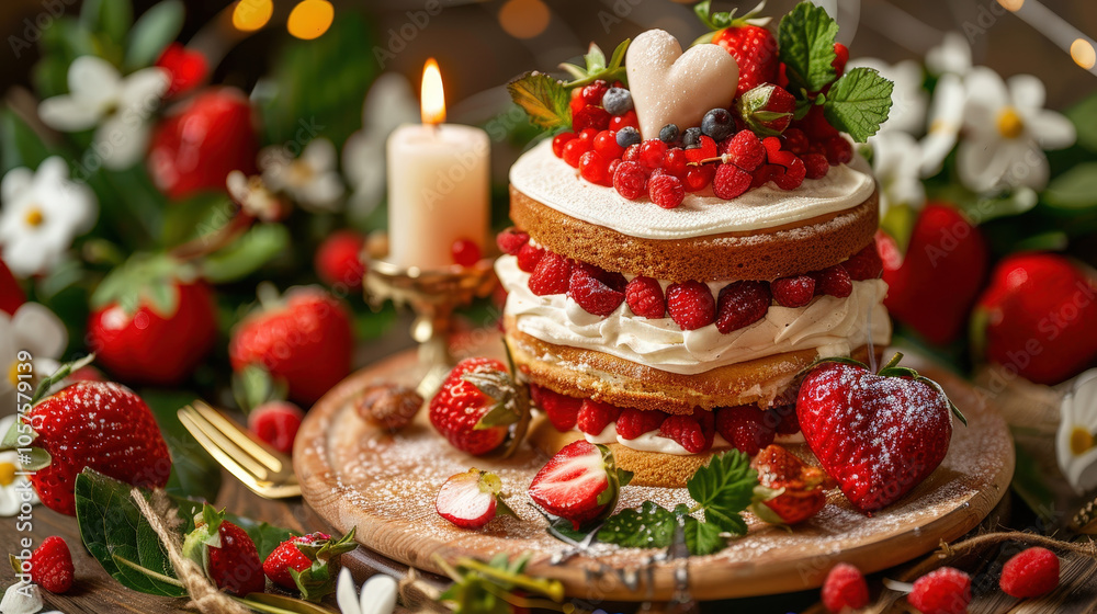 Delight in this beautiful layered cake adorned with fresh strawberries, raspberries, and heart shaped decoration, perfect for celebrating love. warm candlelight adds romantic touch to this festive Delight in this beautiful layered cake adorned with fresh strawberries, raspberries, and heart shaped decoration, perfect for celebrating love. warm candlelight adds romantic touch to this festive