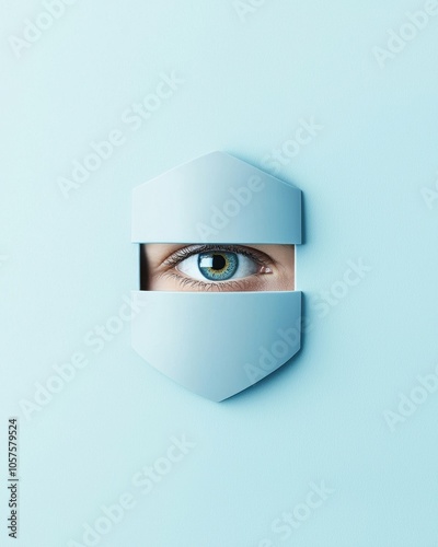 A close-up of an eye peering through a shield-shaped cutout in a light blue surface symbolizing protection and observation photo