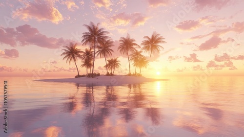 A serene coastal view showcases palm trees on an island mirroring warm sunset hues over calm waters and a sandy beach