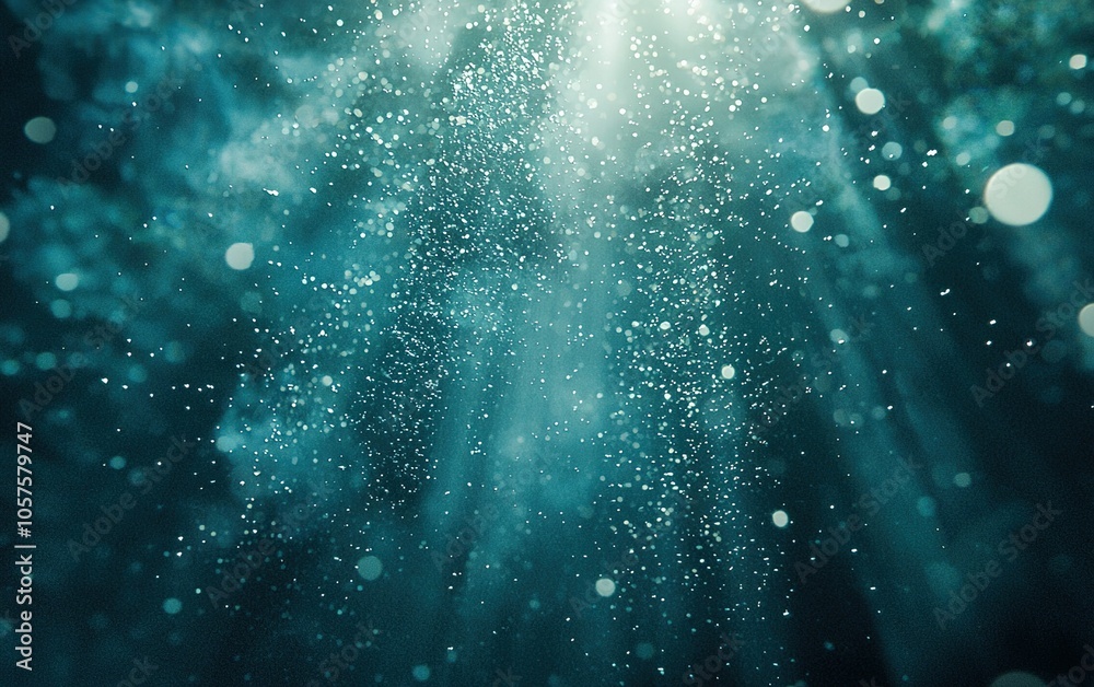 Underwater light rays creating a magical atmosphere amidst floating particles in a deep blue ocean setting Underwater light rays creating a magical atmosphere amidst floating particles in a deep blue ocean setting