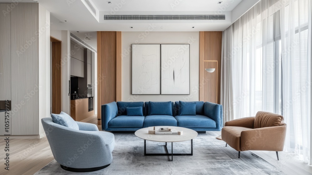 Bright and airy living room with a blue sofa, trendy decor, and minimalist design, blending comfort with contemporary style. Bright and airy living room with a blue sofa, trendy decor, and minimalist design, blending comfort with contemporary style.