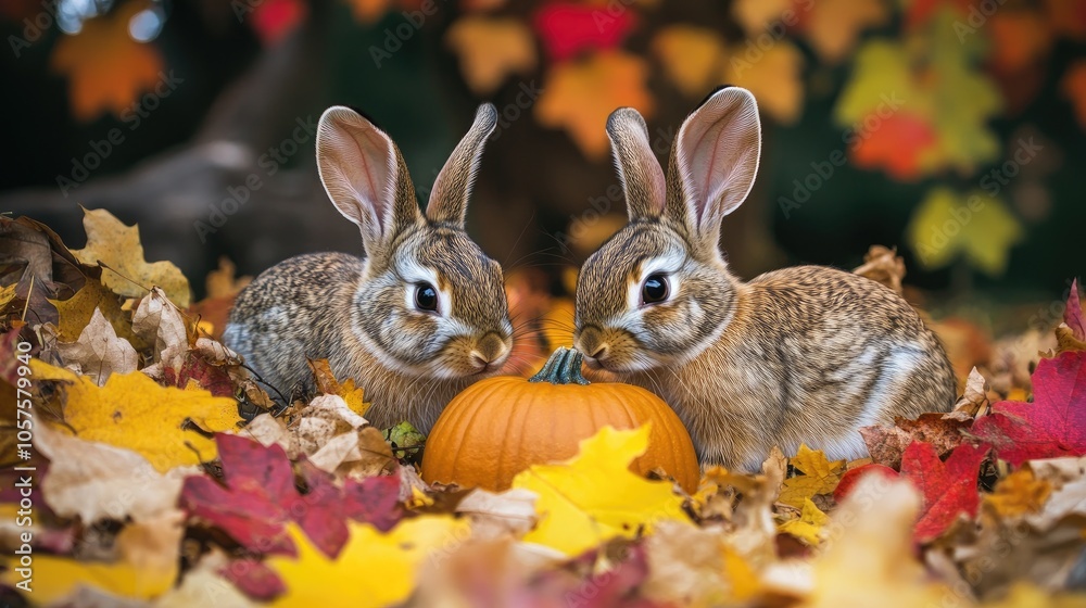Bunnies amidst autumn foliage pumpkins and colorful leaves create a vibrant fall atmosphere showcasing festive decor and a cozy seasonal vibe with a pair of rabbits in nature Bunnies amidst autumn foliage pumpkins and colorful leaves create a vibrant fall atmosphere showcasing festive decor and a cozy seasonal vibe with a pair of rabbits in nature