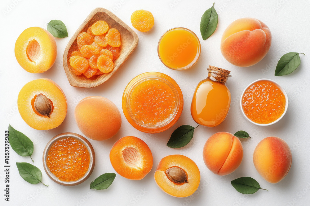 Flat Lay Of Apricot-Themed Ingredients Such As Dried Apricots, Apricot Jam, And Fresh Fruits, Artistically Arranged Against A Clean White Background To Highlight Their Textures Flat Lay Of Apricot-Themed Ingredients Such As Dried Apricots, Apricot Jam, And Fresh Fruits, Artistically Arranged Against A Clean White Background To Highlight Their Textures
