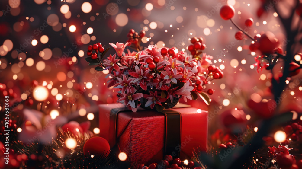 beautifully wrapped gift adorned with vibrant red flowers and surrounded by dreamy bokeh of soft lights creates romantic atmosphere perfect for special occasions