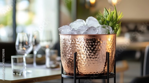 Chilled bucket filled with ice and beverages placed on a stand in a dining setting photo