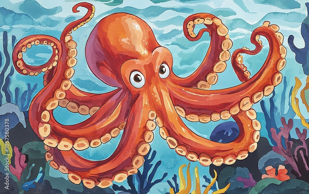 Fototapeta premium A vibrant orange octopus gracefully swims among colorful coral reefs in a lively underwater scene