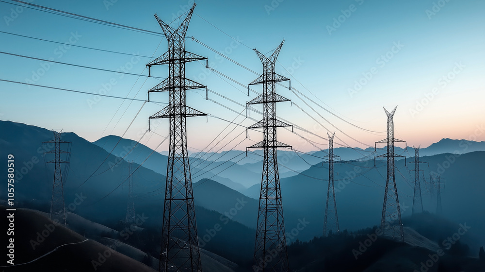 High-voltage power lines and electricity pylons in a mountainous
