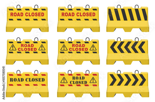 Realistic concrete road barrier icon symbol set. Road closed Traffic concrete barricades sign collection. Vector illustration image. Isolated on white background.