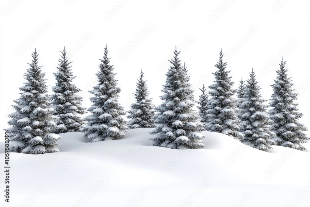Fototapeta premium Fir trees with snow on beautiful natural snowdrift with white background