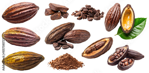 Wallpaper Mural Cocoa pod, beans, leaves, nibs and powder in various group and arrangement set isolated on background, Fruit ingredients for making drinks and chocolate. Torontodigital.ca