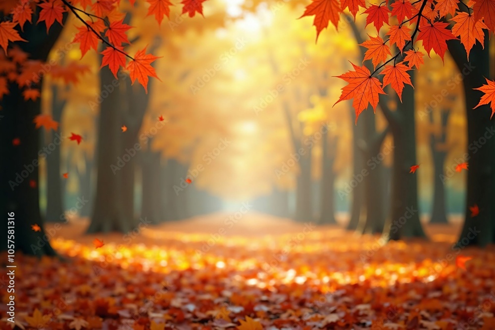 Autumn Foliage in Forest - Vibrant Red and Orange Leaves Creating a Serene Pathway of Fall Beauty