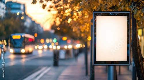 Fototapeta Naklejka Na Ścianę i Meble -  Closeup of a small vertical pole displaying a blank billboard with blurred traffic and a bus stop visible in the background