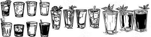 Sketch juice and margarita martini. Cocktail with rum, gin whiskey modern set. Illustration of alcohol sketch, juice and drink cocktail.