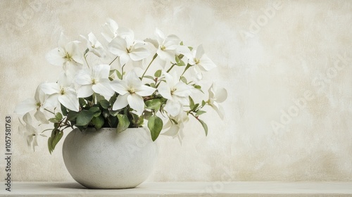 A tranquil potted plant featuring white blooms set against a gentle textured backdrop perfect for enhancing home and office decor