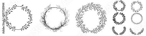 An Illustration of a tiny botanical bouquet wreath in black and white. It is a monochrome design with a tropical flower frame and modern hand lettering.