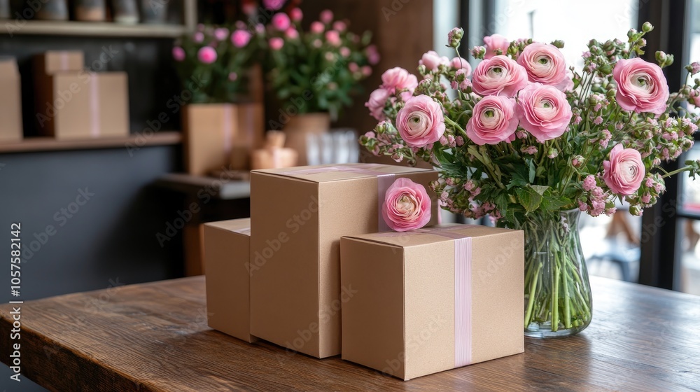A wooden table showcasing three brown boxes and a vase filled with pink flowers perfect for a birthday theme