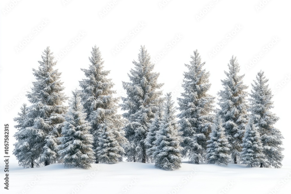 Group of frosty spruce trees in snow isolated on white Group of frosty spruce trees in snow isolated on white