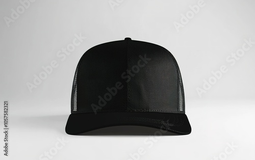 A simple black trucker cap displayed on a clean white background highlighting its mesh design and classic style for casual wear photo