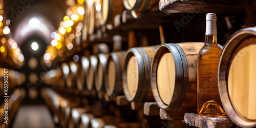 Rows of wooden barrels and a bottle in a dimly lit cellar, exuding warmth, mystery, and aged elegance.