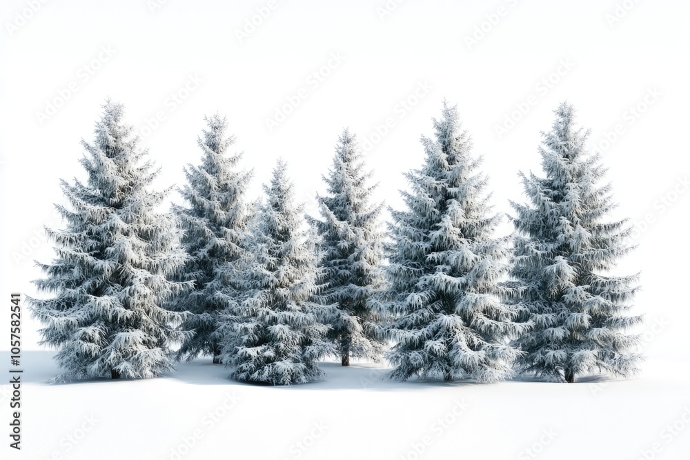Group of frosty spruce trees in snow isolated on white Group of frosty spruce trees in snow isolated on white
